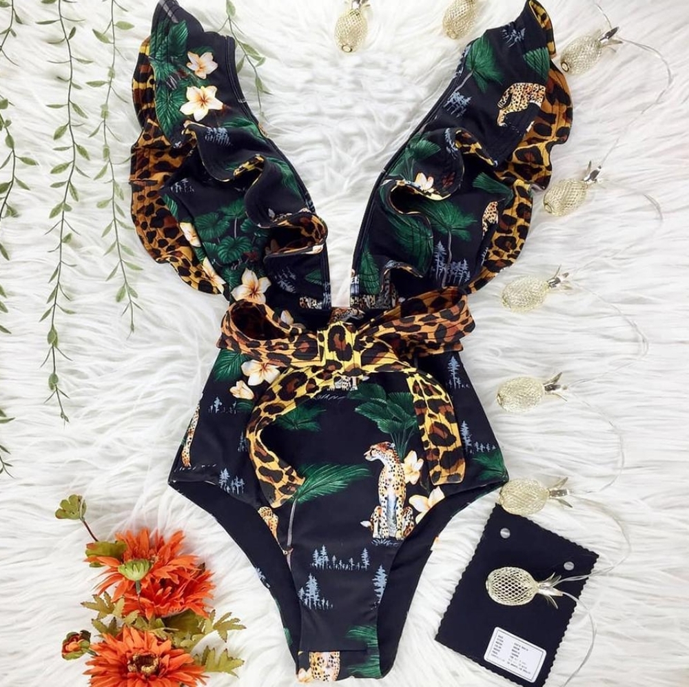 Plunge Neck One Piece Swimsuit Jungle Leopard